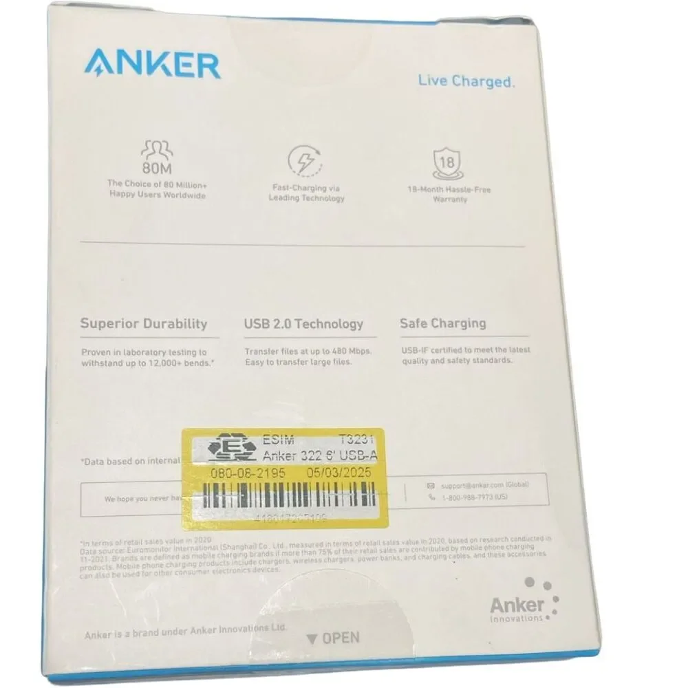Anker 322 10ft USB-A to USB-C Braided Cable White, Fast Charge, New Open